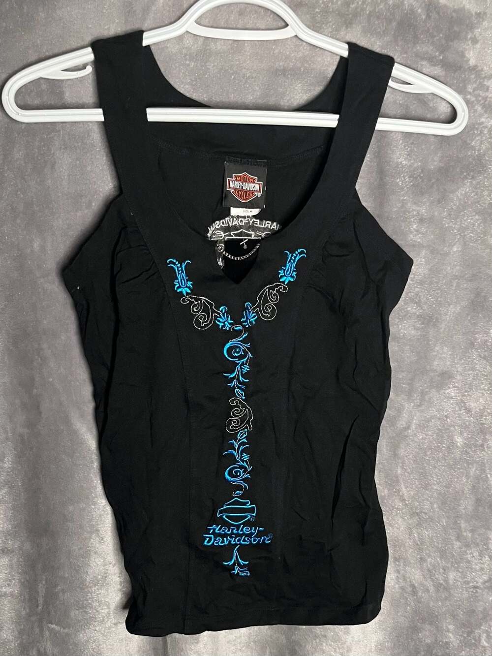 Harley-Davidson Women's Y2K Black Tank Top with Blue Embroidered Graphic Size M